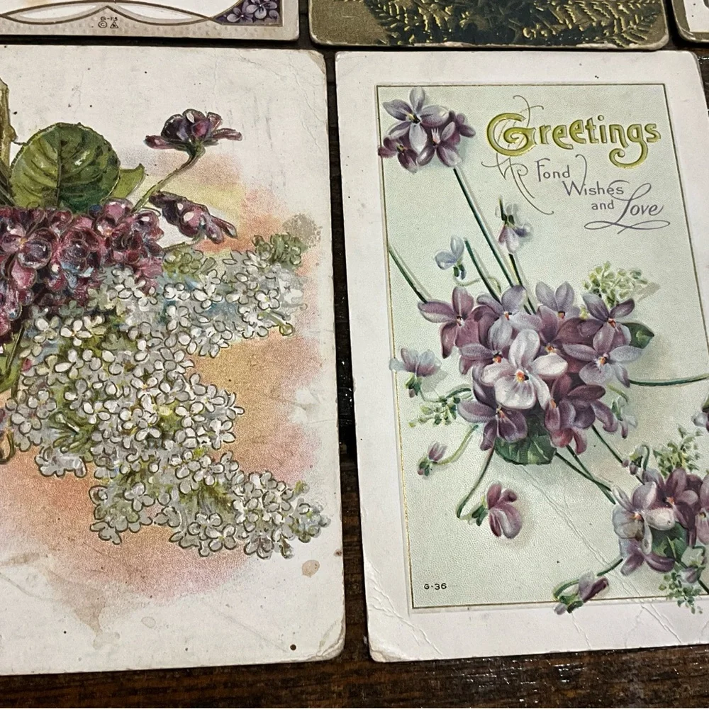Antique Lot of 8 Assorted Purple Flower Postcards Best Wishes Greetings